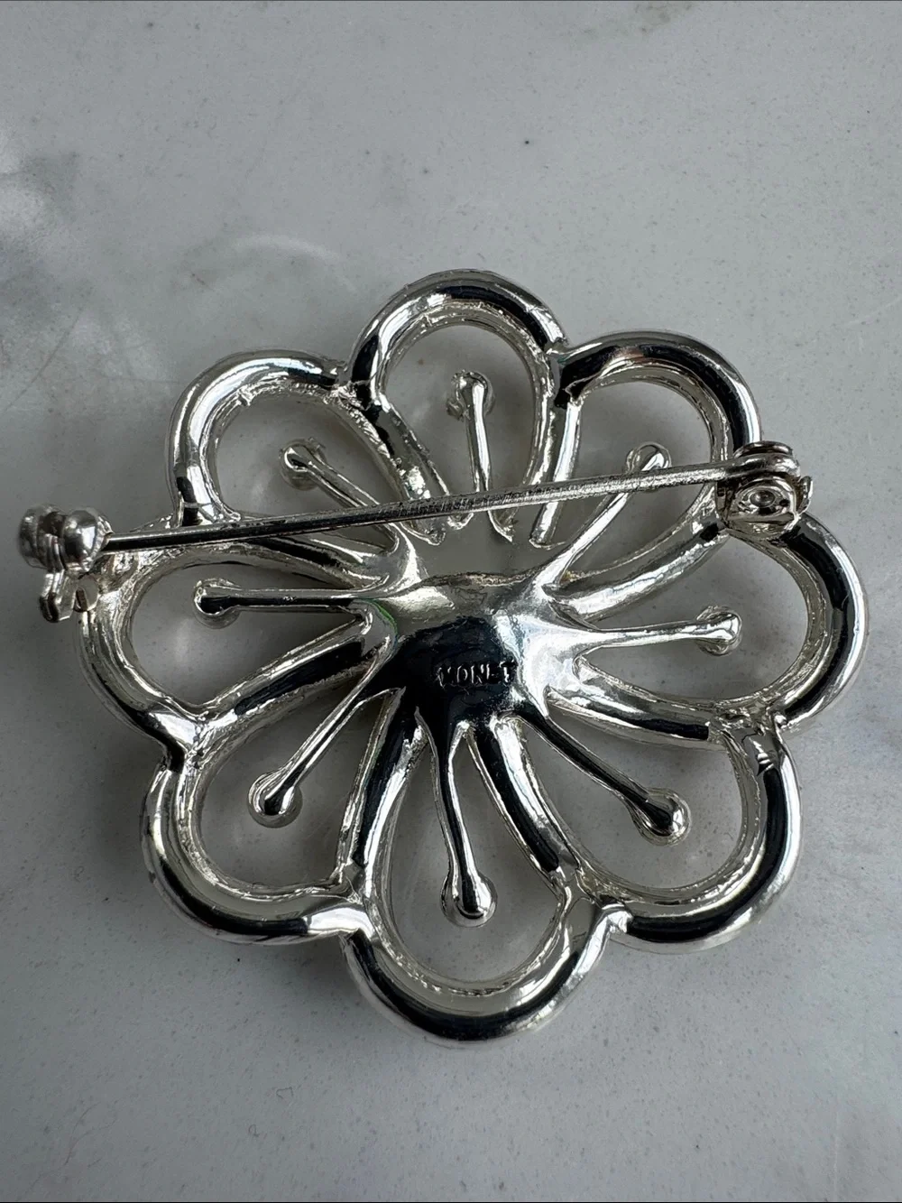 Monet Vintage Pearl Rhinestone Silver Tone Swirl Flower Brooch Pin Collectible